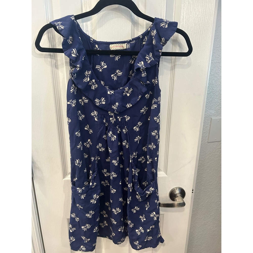Pins and Needles Mini Dress Blue Bow Print Ruffle Neck Pockets Coquette XS
